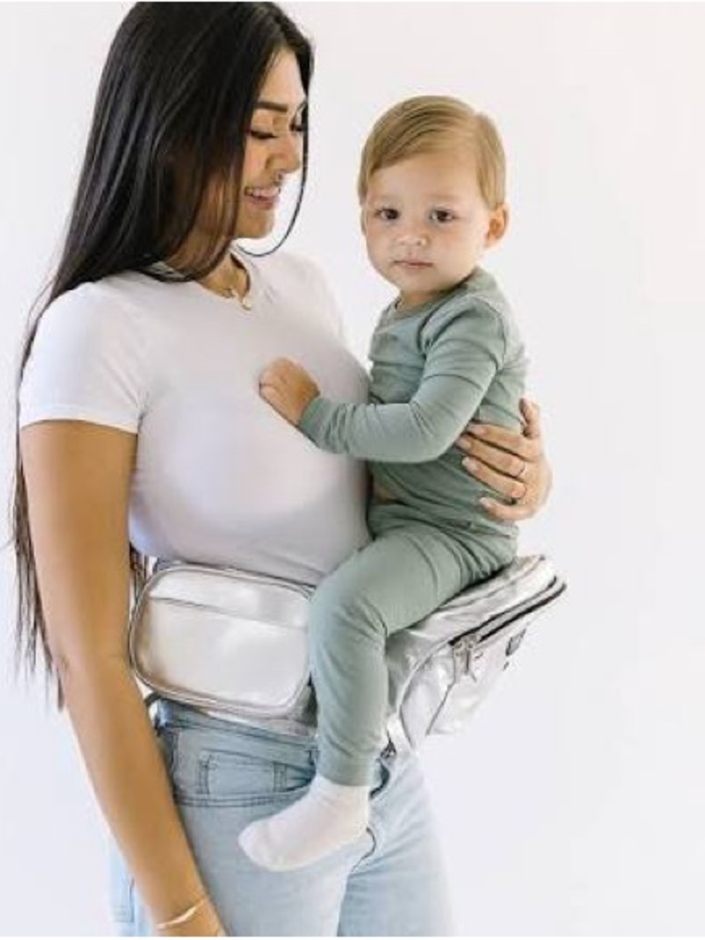 Metallic Silver Tush Baby Hip Carrier Bag with Storage Pockets